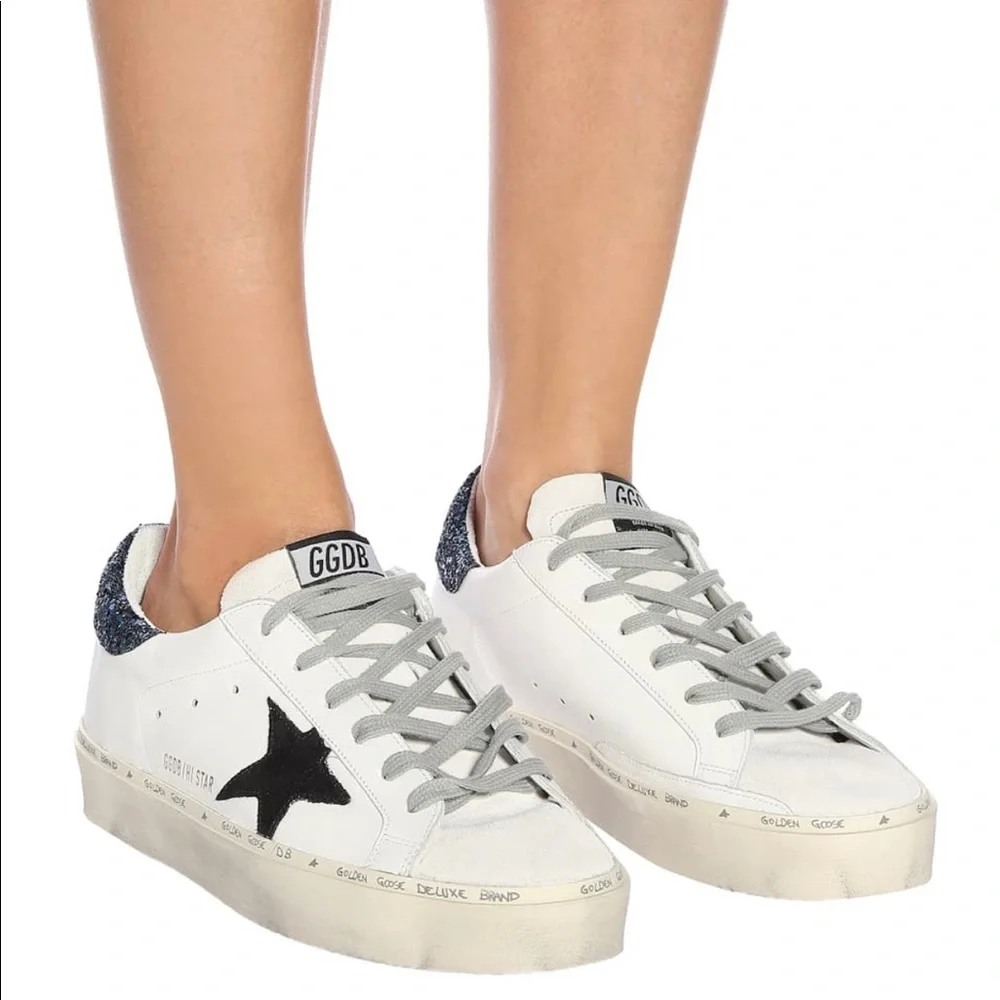 Golden Goose Hi Star Leather Sneakers White Black Star Blue Glitter